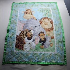 Vintage Noahs Ark Animal Baby Quilt Green Trim Handmade 32x43